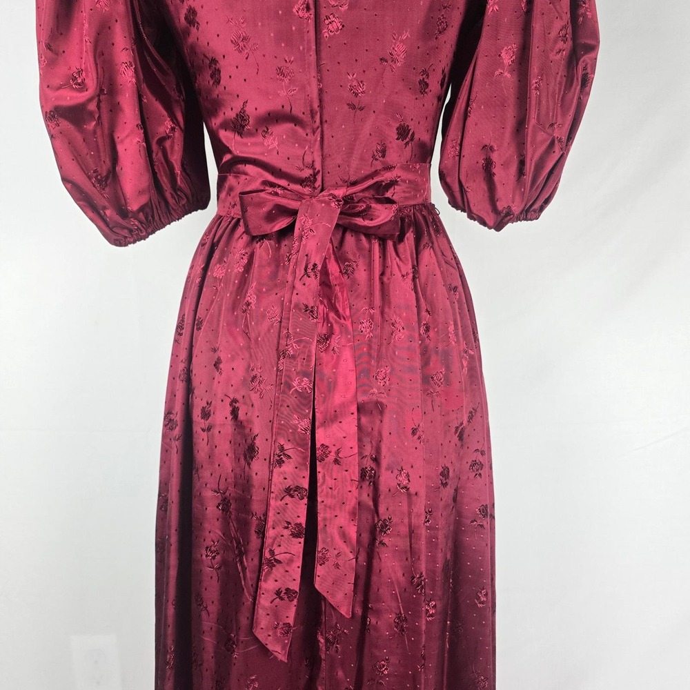 Vintage 80s Burgundy Floral Satin Jacquard Gown ILGWU Union Made Prom Dress 7-8 - Picture 16 of 16